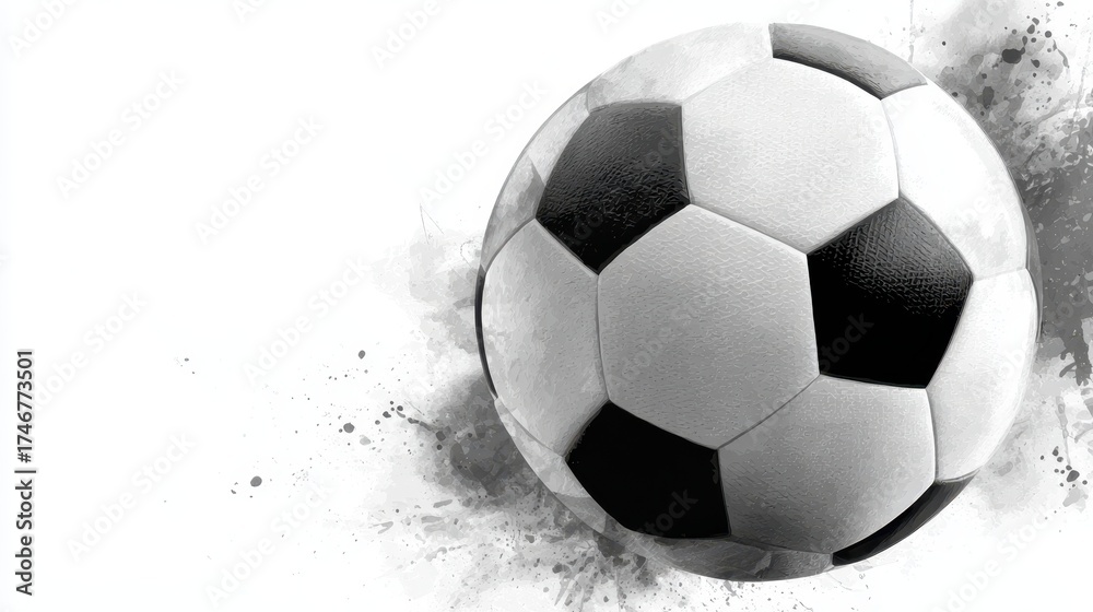 Fototapeta premium Soccer ball with watercolor splash effect in black and white, depicting motion and energy for international tournaments and championships on a clean white background