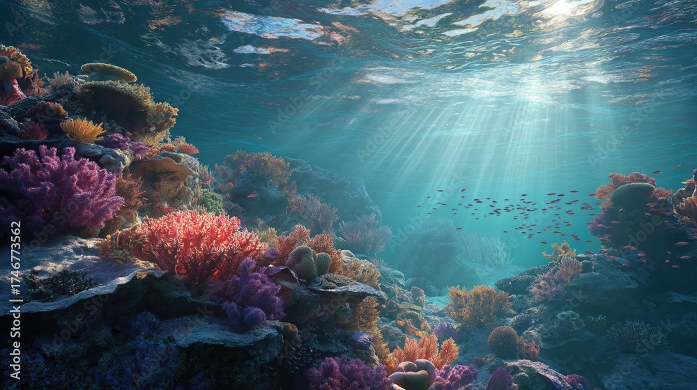 Naklejka premium Underwater coral reef illuminated by shafts of sunlight, photorealistic detail