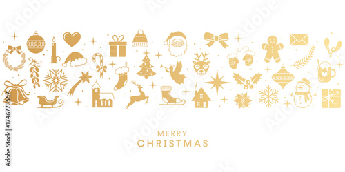 Christmas greeting card, gold decorations banner, holidays border