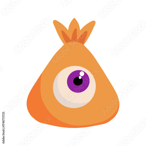 Flat vector Halloween chocolate candy wrapped in bright orange foil with purple eye image. Perfect sweet element for spooky festive design and packaging.