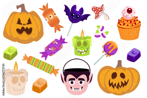 Big Halloween vector collection with pumpkins, candles, candies, cupcake and fly agaric. Perfect for banners, posters, cards and decorative festive projects.