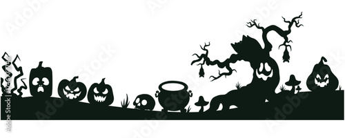 Flat vector Halloween composition with pumpkins, witch cauldron and scary tree silhouettes in black. Perfect for banners, posters, invitations and holiday promotions.