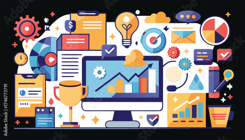Digital Business Innovation and Strategy Presentation with Financial Growth and Marketing Tools for Success in the Modern Business World on Black Background