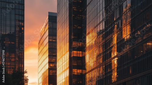 Sunset reflected on modern glass skyscrapers, warm glowing tones