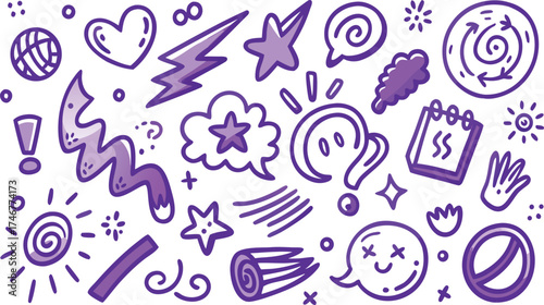 Hand Drawn Purple Doodle Seamless Pattern with Stars Hearts and Speech Bubbles for Creative Designs and Backgrounds Illustration