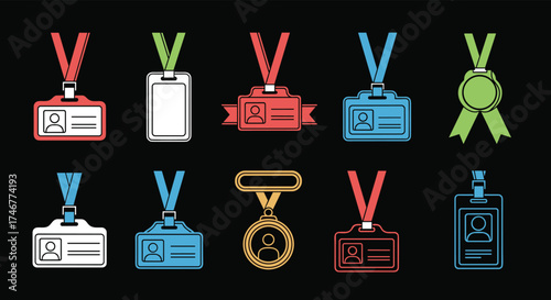 A diverse collection of identification badges and awards displayed on a dark background.