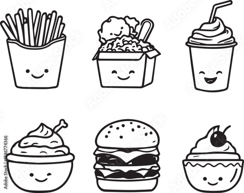 Cute fast food character set — black and white cartoon-style fries, burger, drink, chicken, dessert, and mashed potato icons