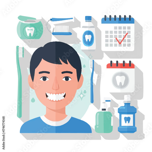 Dental Hygiene with Joyful Person: A vibrant and engaging illustration showcases the essence of dental hygiene, a person beaming smiles surrounded by dental essentials. Reflecting health, smiles.