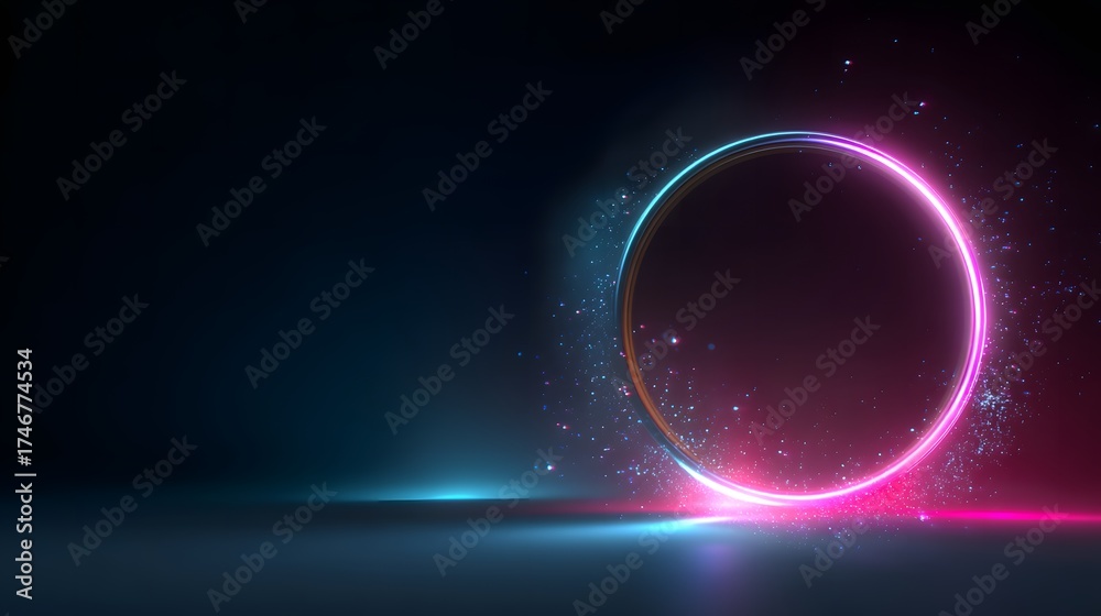 Obraz premium Futuristic neon ring hovering on the left third with magenta and cyan glow, cinematic gradient light and particle depth, ideal for modern tech and digital background design