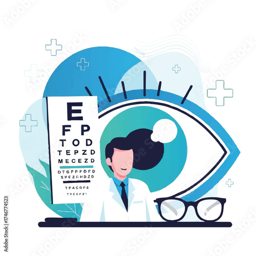 Visionary Eye Care: A friendly optician stands with a visual acuity chart, symbolizing precision eye care and health with a focus on eye and vision.
