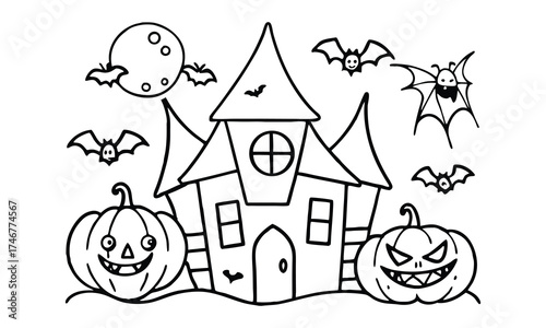 Whimsical black and white line drawing illustration of a spooky haunted house with grinning jack o lanterns and flying bats under a full moon perfect for halloween coloring pages