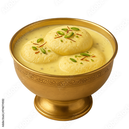 Traditional Indian dessert Ras Malai served in a golden bowl,