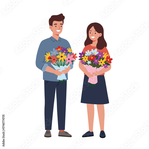 Couple with flowers smiling in a bright illustration for a romantic concept