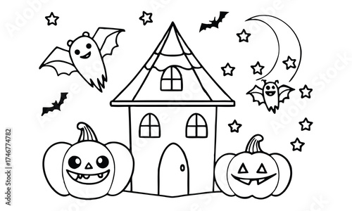 Whimsical halloween coloring page featuring a haunted house with friendly ghosts smiling pumpkins bats and a crescent moon under a starry night sky for children s creative fun