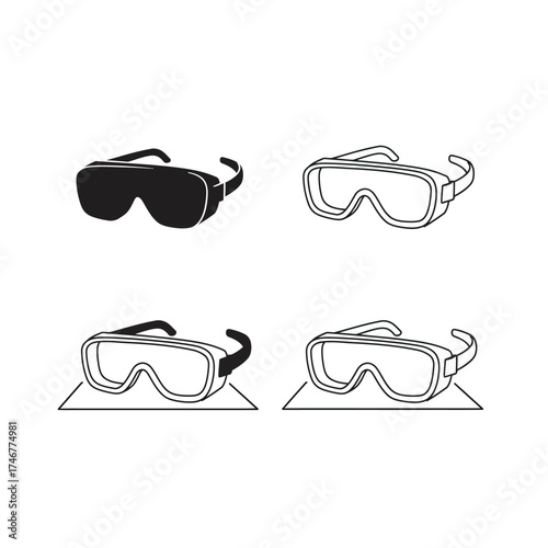 Safety Glasses Icon Set in Black and White eye protection protective eyewear equipment vector illustration outline graphic