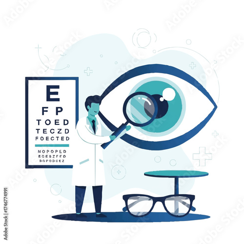 Visionary Examination: A dedicated eye doctor meticulously examines the intricate details of the human eye with precision, alongside an eye chart.