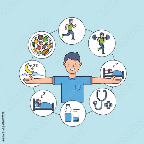 Healthy Lifestyle: A visual representation of the key elements of a healthy lifestyle, including nutrition, exercise, sleep, and hydration, presented with a vibrant and inviting aesthetic.