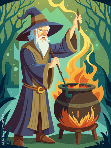 Wizard Casting Magic Spell into Cauldron Vintage Illustration
