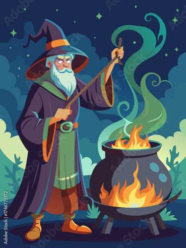 Wizard Casting Magic Spell into Cauldron Vintage Illustration