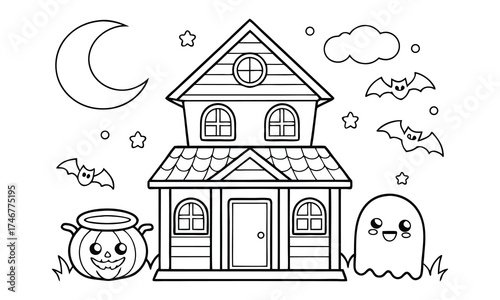 A charming and whimsical black and white line art illustration of a haunted house with a crescent moon friendly ghost bubbling cauldron and flying bats perfect for halloween coloring pages and decorat