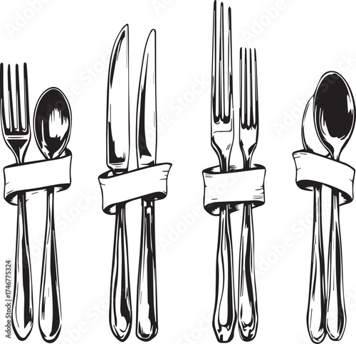 Cutlery illustration set — black and white stylized fork, spoon, and knife pairs tied with ribbon for dining and kitchen themes