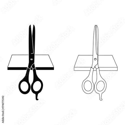 Stylized Scissors on Shelf, Black and White hairdressing haircut salon barber cutting style tool equipment professional sharp blade