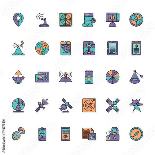 A comprehensive collection of navigation and communication technology icons, featuring satellite, radar, and location devices for diverse applications