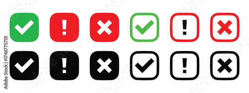 check mark icon button set. check box icon with right and wrong buttons and yes or no checkmark icons in green tick box and red cross.
