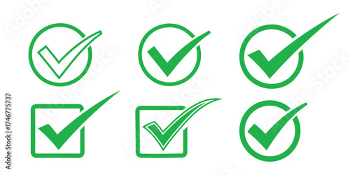 check mark icon button set. check box icon with right and wrong buttons and yes or no checkmark icons in green tick box and red cross.