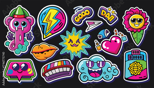Vibrant and Playful Sticker Collection with Cartoon Characters and Graphic Elements for Creative Design Projects and Fun Artistic Expressions