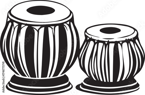 Tabla drums illustration — black and white stylized Indian percussion instruments with traditional design and cultural symbolism