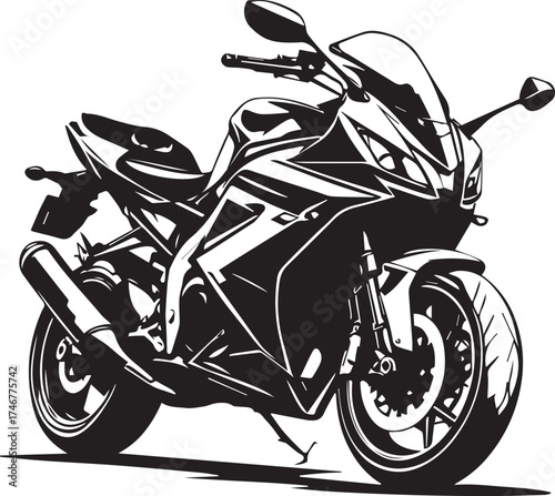 Sport motorcycle illustration — black and white stylized high-performance bike with aerodynamic body, disc brakes, and exhaust detail