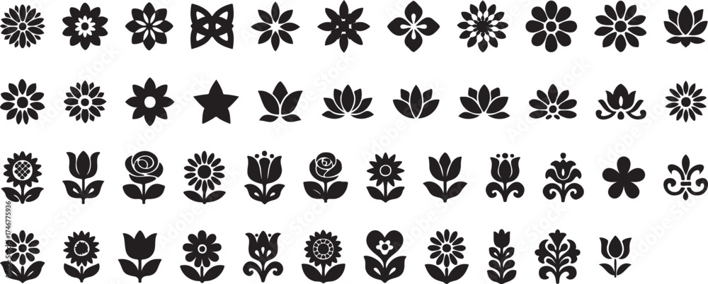 Fototapeta premium Large collection of various black flower and floral motif icons isolated on transparent background, featuring different shapes and styles