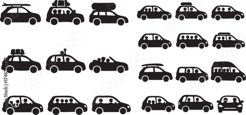 Collection of diverse car icons, including suvs, sedans, minivans, and station wagons, some with roof racks and luggage, isolated on transparent background