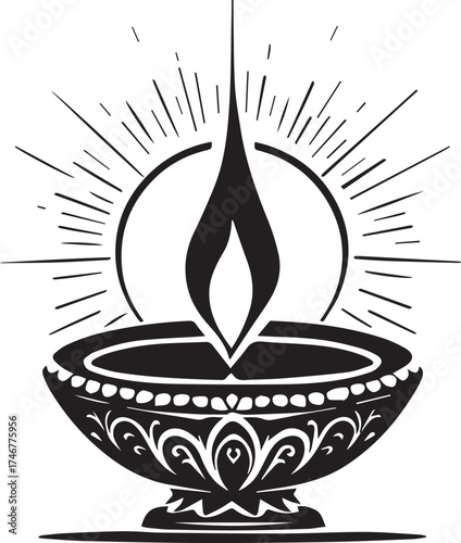 Diya lamp illustration — black and white stylized oil lamp with ornate patterns, radiant flame, and spiritual festive symbolism
