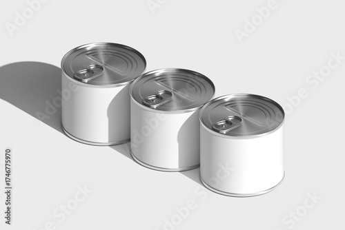 Tin food can mockup with blank white paper label on white background, clean minimal design for product packaging