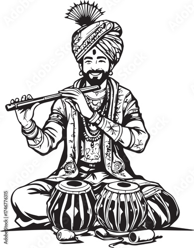 Indian musician illustration — black and white stylized figure in traditional attire playing flute with tabla drums and ornate details