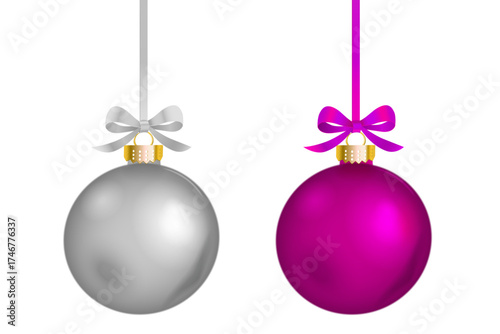 Vector realistic silver and pink christmas ball ornament with elegant long bow on transparent background.