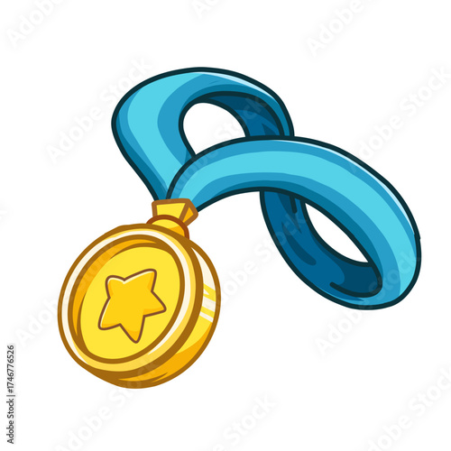 Cartoon illustration of a gold medal featuring a large star in the center, suspended from a looping, shiny blue ribbon or lanyard. This image symbolizes achievement, success