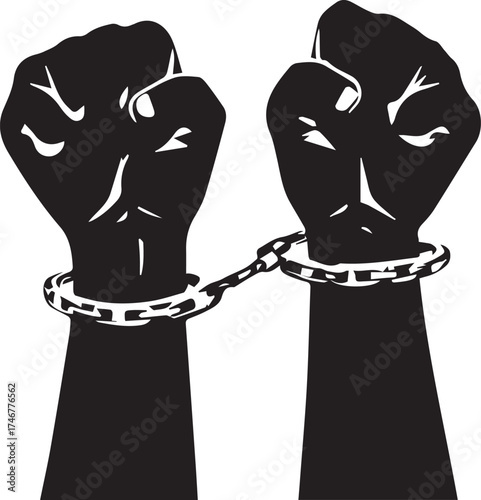 Bound fists illustration — black and white stylized raised fists connected by chain symbolizing protest, struggle, and resistance