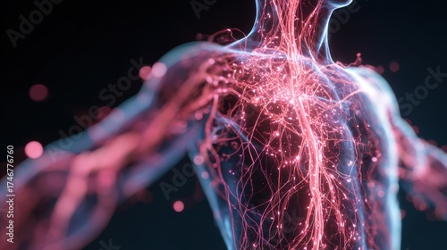 A glowing human body outline showcasing vibrant energy pathways in a stunning visualization of the human anatomy.