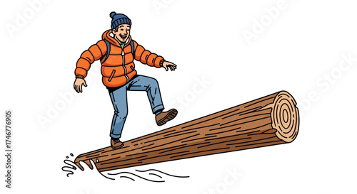 Cartoon illustration of a man walking on a log over water stream in a forest adventure scene