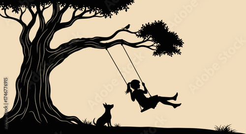 Silhouette of a girl on a swing under a tree with her dog enjoying carefree moments