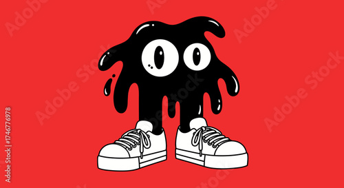 Cartoon blob with sneakers on a red background: a playful and whimsical vector illustration