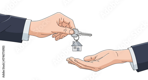 Illustration showing handing over house keys from one hand to another for ownership transfer