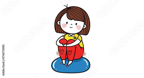 Cartoon illustration of a cute girl sitting with knees hugged on a blue surface with hearts on pants