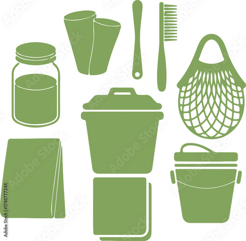 Eco kitchen silhouettes vector – single sage green color, mesh bag, lunchbox, cloth napkin, silicone lid – flat zero-waste icon set