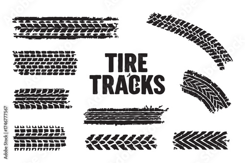 Tire tread marks, drift, motorsport, motocross, rally, tread mark with skid, grinding, splash effect. Graphic set of tire treads, wheel texture, car racing. Vector collection, wheel treads on asphalt 