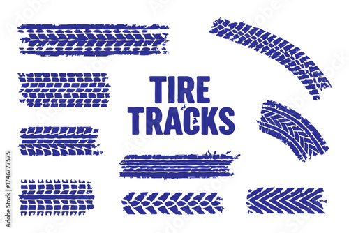 Tire tread marks, drift, motorsport, motocross, rally, tread mark with skid, grinding, splash effect. Graphic set of tire treads, wheel texture, car racing. Vector collection, wheel treads on asphalt 