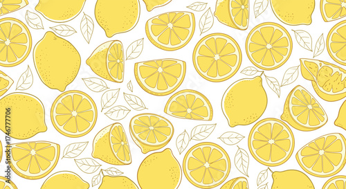 A cheerful yellow lemon citrus fruit pattern with leaves.